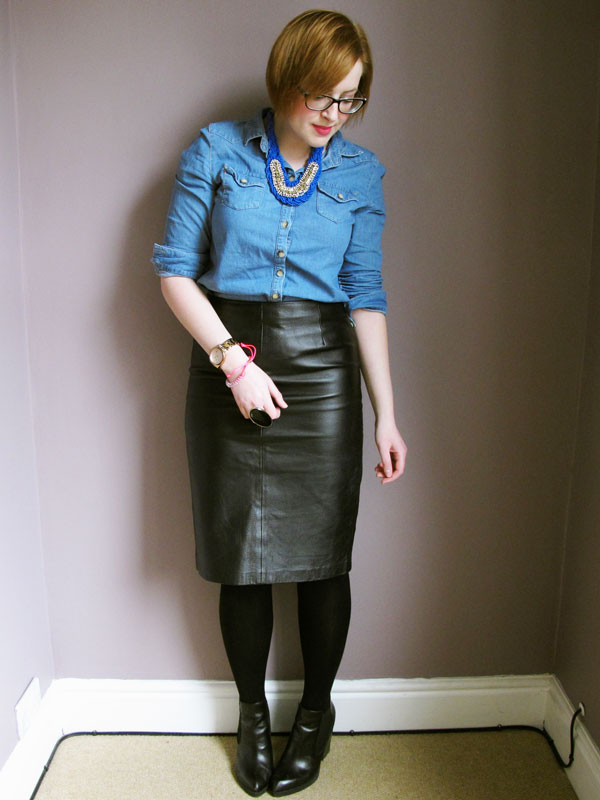 denim shirt and pencil skirt
